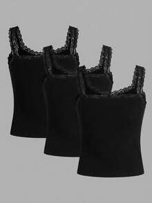 SHEIN Essnce Traje de mujer talla grande con diseño calado, moda casual de otoño e invierno para uso diario, con encaje, tirantes y top de 3 piezas en negro, blanco y gris para salir, playa y Halloween - Negro - Ver 2