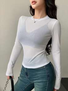 Camiseta de manga corta para mujer de ajuste ceñido, de cuello redondo y unicolor para el verano - Blanco 3 - Ver 4