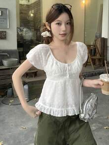 DAZY Women's Korean Style Delicate Summer Puff Sleeve Short Sleeve Slim Fit Blouse - White - View 4