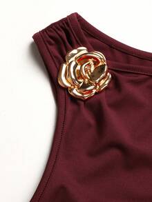 SHEIN Tween Girls' Asymmetric Waist Tie Floral Ruffle Hem Snug Fit Dress - Burgundy - View 4