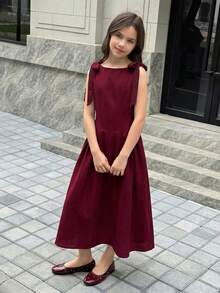 Firerie Kids Tween Girls Bow Tie Waist Dress, Casual Elegant Fashion Versatile Suitable For Daily Wear, Ceremonies, Parties, New Girls Dress - Burgundy - View 6