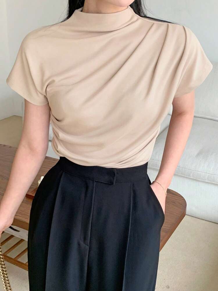 Women's Mock Neck Ruched Short Sleeve Fitted Elegant T-Shirt
