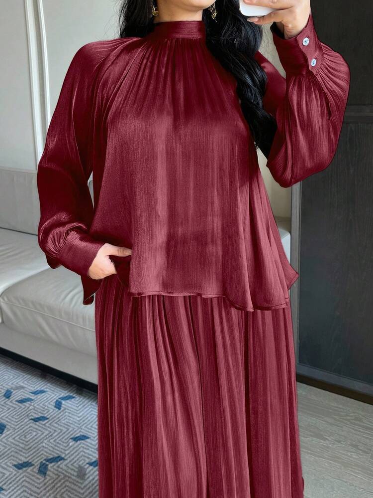 Dazy Plus Elegant Plus Size Women's Spring/Summer 2-Piece Set: Chiffon Tie-Neck Loose Long Sleeve Top And A-Line Skirt