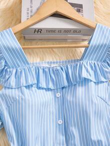 ChillGRL 春夏少女休闲优雅度假风荷叶边领纽扣拼接连衣裙，适合日常通勤、休闲、度假、海滩、用餐等场合。 - 藍色 - 查看 5