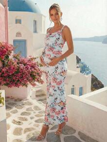 Loomaby Maternity Floral Print Sweetheart Neck Fitted Elegant Sleeveless Dress Dress Gender Reveal Dress Maternity Dress Baby Shower Dress Floral Maternity Dress Maternity Maxi Dress Pregnancy Dresses Maternity Sundress Long Floral Dress Women - Multicolor - View 6