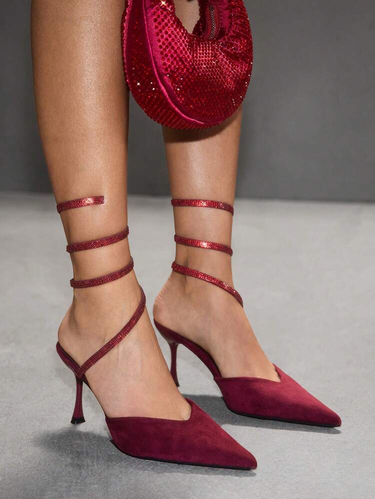CUCCOO SZL Women's Pointed Toe Black Suede Sexy Snake-Shaped Rhinestone Wrapped Strap Fashionable Date Night Stiletto High Heel Sandals Spring Shoes - Burgundy - View 1