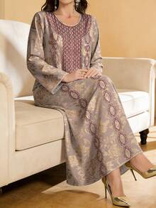 SHEIN Najma 女士复古花卉植物数码印花V领长袖优雅阿拉伯风长裙，春夏款 - 彩色 - 查看 1