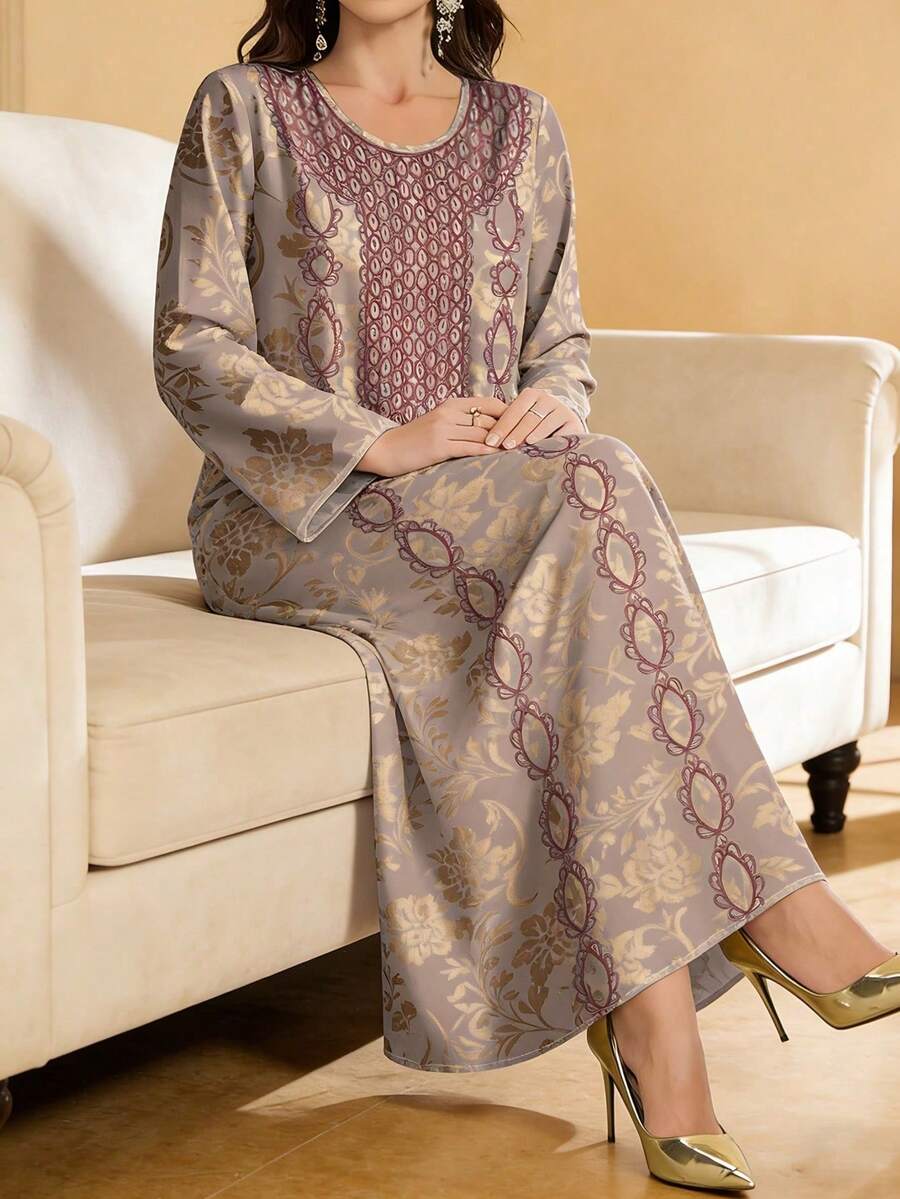 SHEIN Najma 女士复古花卉植物数码印花V领长袖优雅阿拉伯风长裙，春夏款 - 彩色 - 查看 1