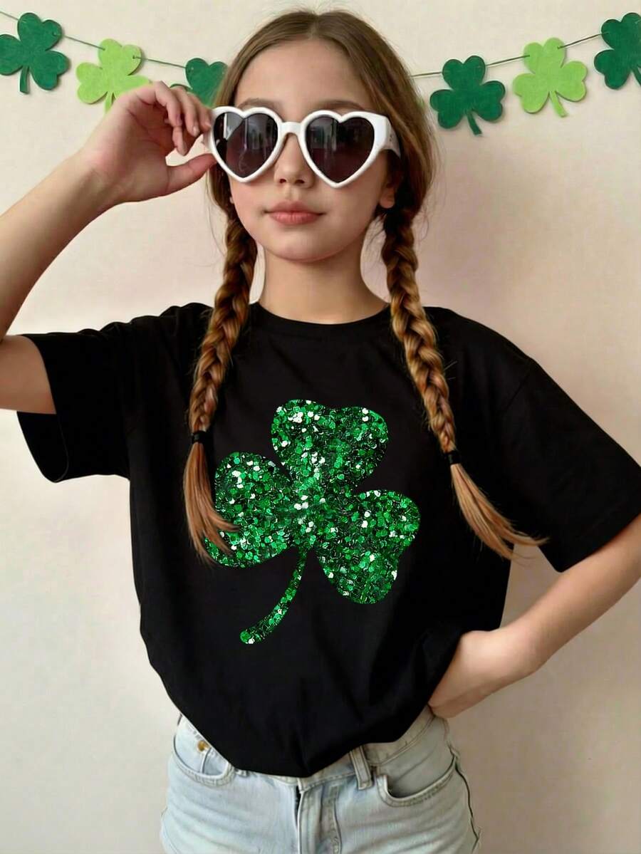 少女黑色圆领短袖印花T恤,休闲舒适时尚百搭,四叶草印花短袖T恤,适合日常穿着、上学、外出、度假 - 黑色 - 查看 1