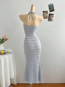 SHEIN Unity 女士夏季吊带连衣裙，饰有圆形圆环、荷叶边下摆和优雅风格，性感露背，圆环，褶皱无袖吊带修身长款咖啡色纯色条纹吊带连衣裙，春夏休闲日常穿着长款女装 - 灰藍色 - 查看 2