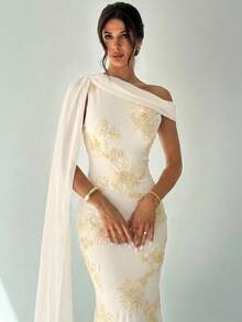 Firerie 优雅精致浪漫端庄的舞厅派对约会单肩超长刺绣网纱修身美人鱼黄色连衣裙（女款） - 杏色 - 查看 7