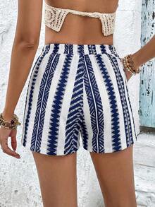 SHEIN Frenchy Quần short họa tiết hình học, dây rút eo, tua rua phía trước, kiểu dáng mùa xuân. - Màu xanh hải quân - Xem 2