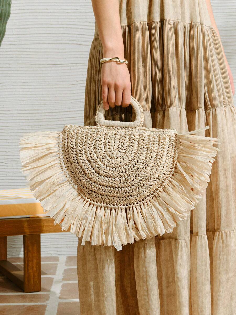 SHECARRY Tassel Teenagers Handbag, Wicker Bag - Off-white - View 1