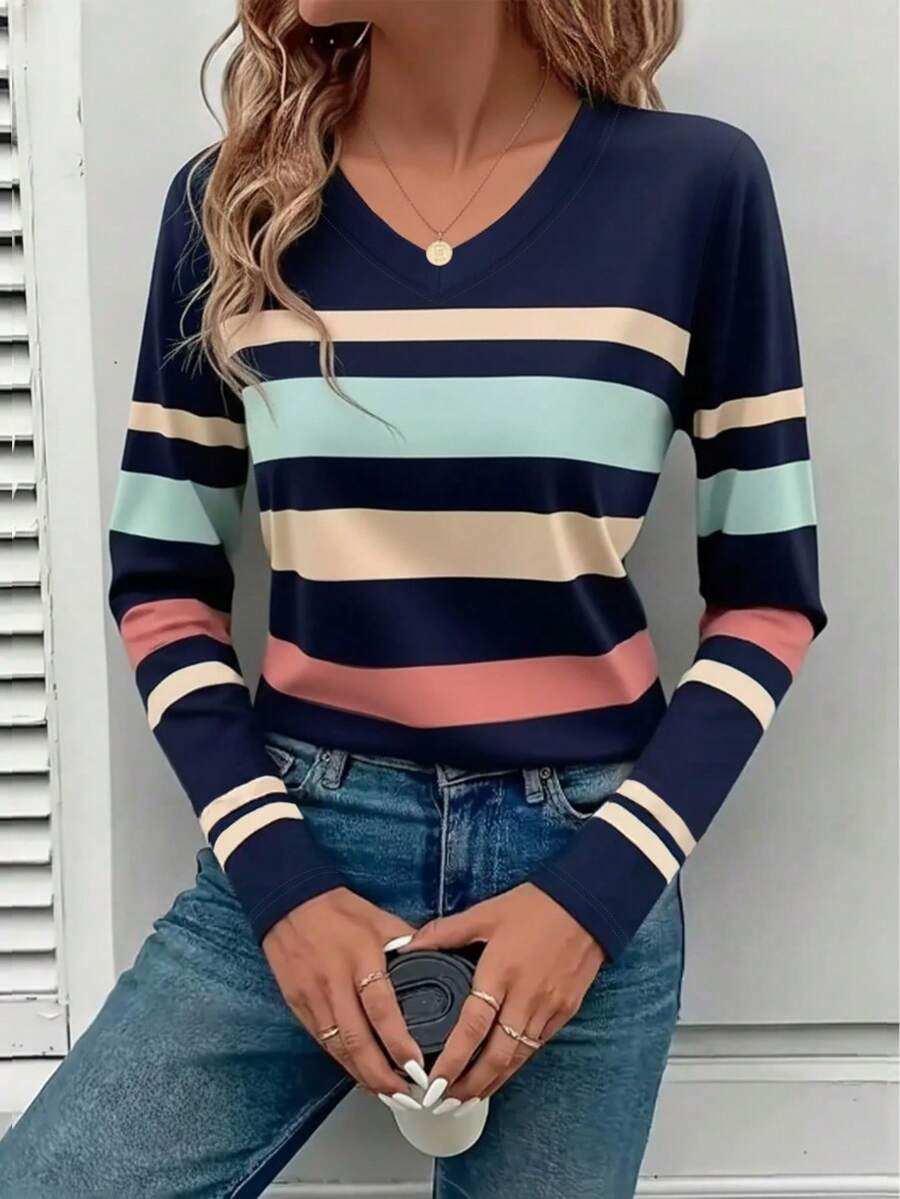 EMERY ROSE Women's V-Neck Long Sleeve T-Shirt, Mature Striped Print Top, Classic Pattern Design, Versatile, Suitable For Daily Wear And Outdoor, Autumn - Multicolor - View 1