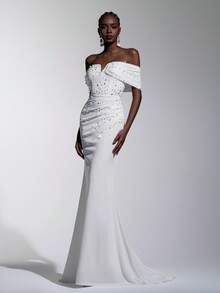 Elitara Elegant & Charming White V-Neck Off-Shoulder Elastic Knit Ruched Design Off-Shoulder Fitted Mermaid High Slit Dress, Suitable For Wedding, Party, Graduation, Vacation, Bridal Gown - White - View 7