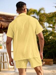 Palasendo Men's Solid Color Button Front Short Sleeve Top And Drawstring Waist Shorts Beach Outfit - Yellow - View 2