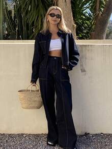 DAZY Women's Casual Collared Crop Top And Loose Fit Jeans Set - Blue - View 3