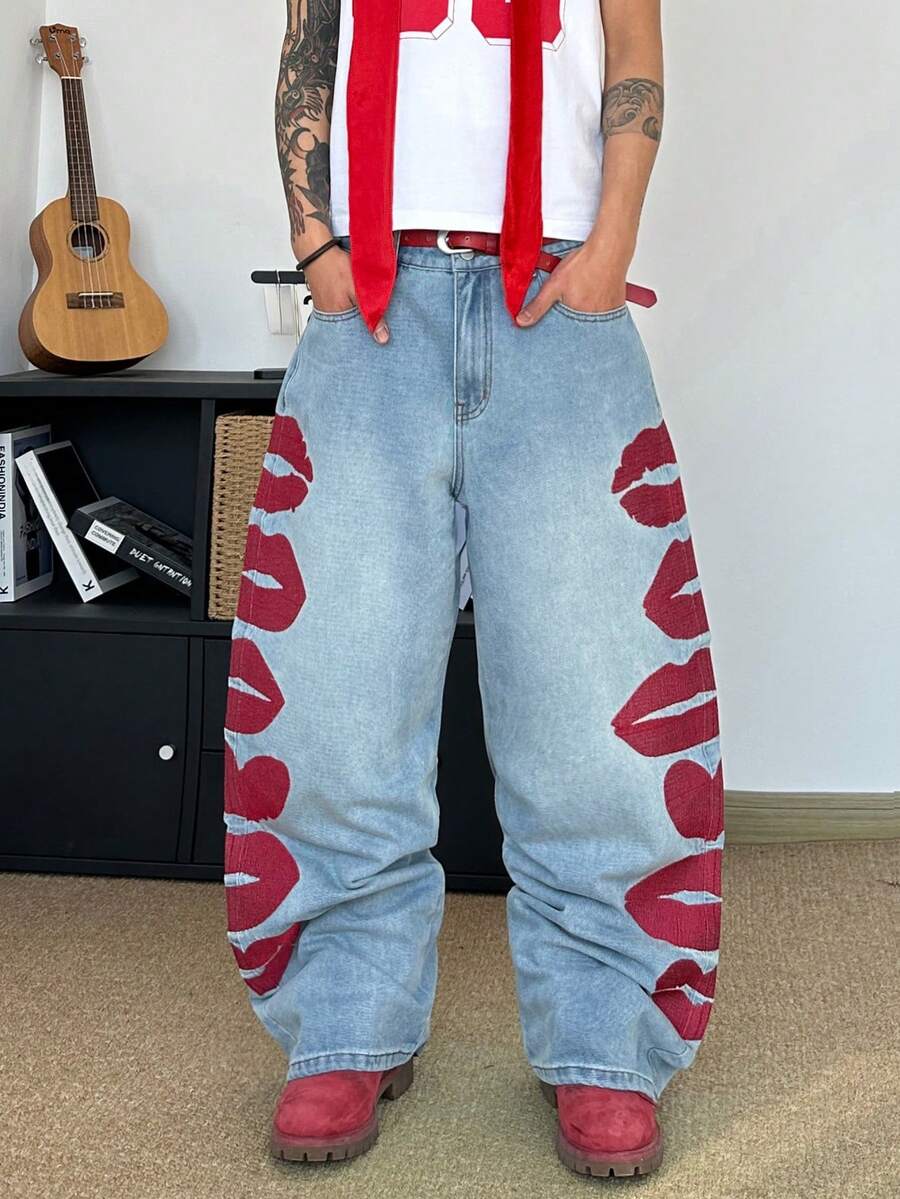 STEELVANCE Men Vintage Fashionable Versatile Washed Red Lip & Heart Embroidery Design Loose Wide Leg Casual Jeans - Light Wash - View 1