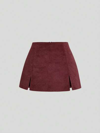 Sweetra Autumn/Winter Maillard Color Suede A-Line Slit Hem Casual Party Mini Skirt For Women
