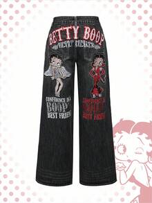 Betty Boop | ROMWE 大码 Y2K 复古街头风 Betty 刺绣宽松牛仔裤 - 黑色 - 查看 1