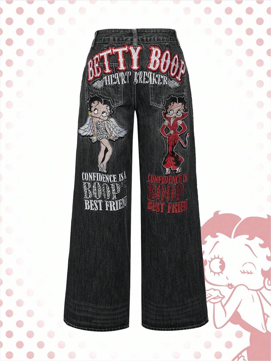 Betty Boop | ROMWE 大码 Y2K 复古街头风 Betty 刺绣宽松牛仔裤 - 黑色 - 查看 1