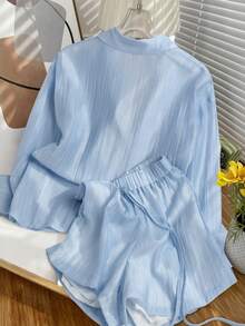 Lyxana Conjunto de 2 piezas para mujer con camisa de un solo pecho de unicolor simple y shorts con cordón - Azul - Ver 2