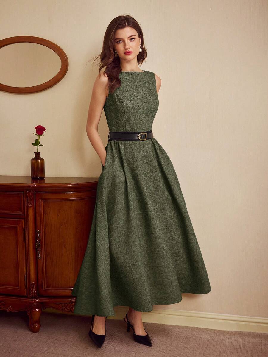 Vintamour 复古优雅女士连衣裙，春夏修身船领无袖连衣裙，灰色，带口袋、腰带，喇叭下摆，长款连衣裙 - 灰綠 - 查看 1