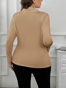 SHEIN Privé 大码纯色长袖褶皱领修身T恤 - 駝色 - 查看 2