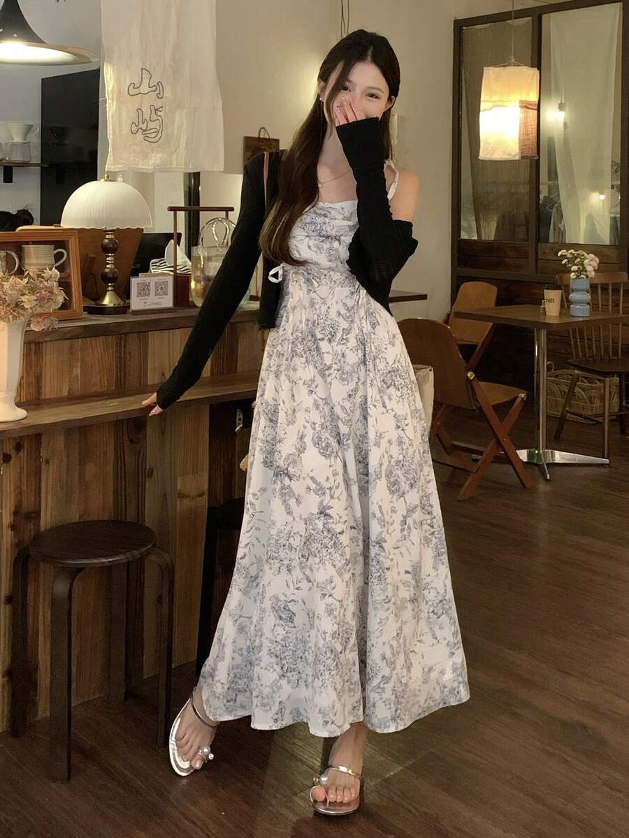 FRIFUL 女士花卉装饰吊带收腰A字连衣裙，度假连衣裙 - 彩色 - 查看 1