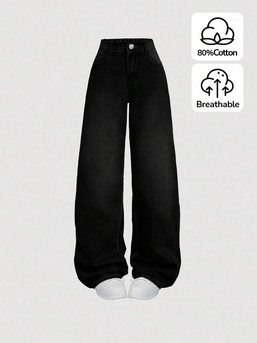 SHEIN Girlism Teen Girl Y2K Loose Fit Casual Denim Pants With Pockets And Wide Legs, Teen Girl Summer Break Clothes Denim Jeans OutfitS. - Black - View 1