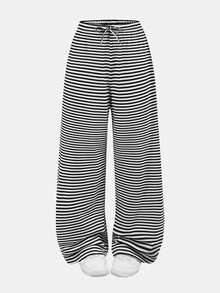 SHEIN Girlism 少女休闲家居服修身蕾丝边吊带背心和阔腿条纹针织裤套装 - 黑色 - 查看 9