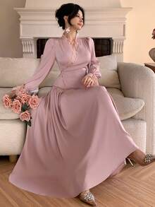 DAZY Women's V-Neck Lace Patchwork Wrap Long Sleeve Top And Long Skirt Elegant 2-Piece Set - Pink - View 5