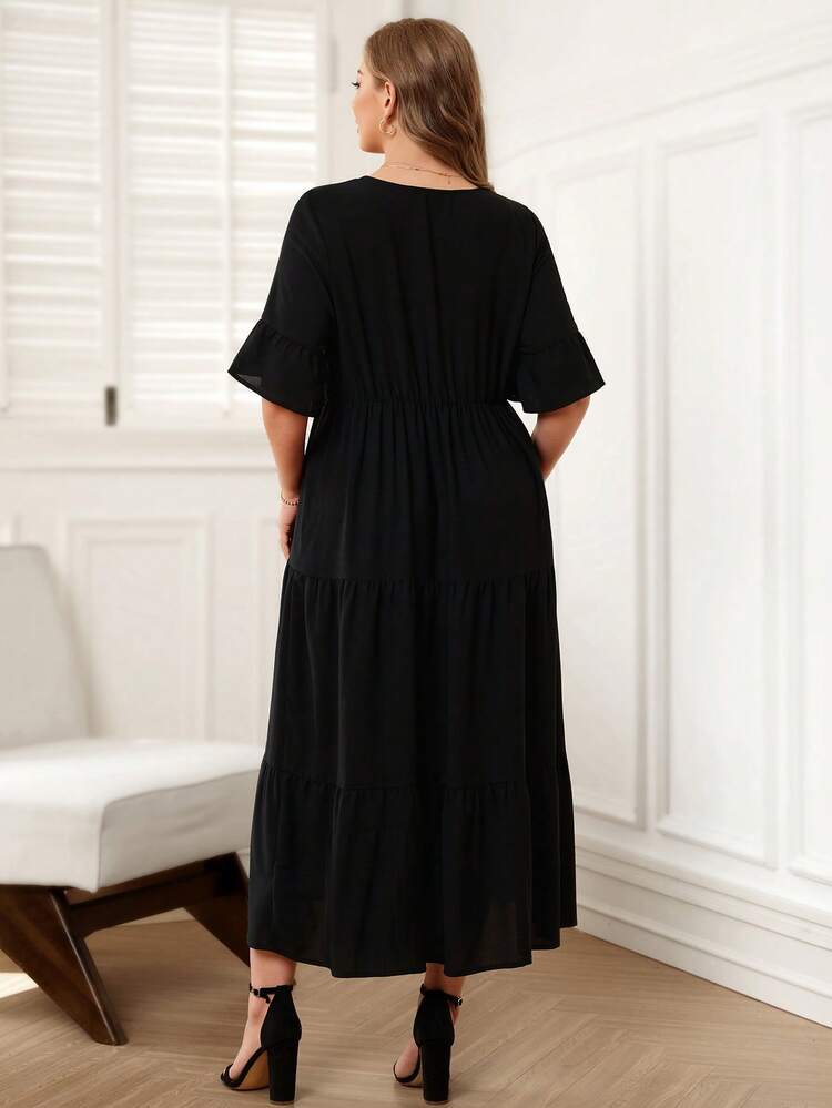 Plus Size Floral Embroidery V-Neck Waist Cinched Dress Embroidered Dress Plus Size Boho Dress For Women Summer Outfits Beach Outfit For Women Summer Holiday Outfits Casual Outfit For Women Formal Attire For Women Elegant Long Dress Summer Outfit For Women Beach Vacation Outfits Graduation Dress Women Wedding Guest Dress Plus Size Black Elegant Dress