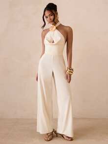 SHEIN Glamour Women's Elegant Floral Decor Draped Neck Solid Color Jumpsuit - Apricot - View 4