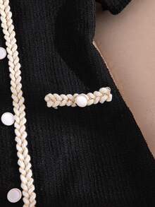 Elladie kids 1pc Tween Girls Black And Cream Summer Elegant Graduation Korean Style White Splicing Gold Ribbon Decor Faux Pocket Bow Short Sleeve Dress For Party - Black - View 7