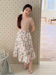 DAZY Bộ đồ mùa hè cho bé gái tuổi teen: Áo thun cổ tròn màu trơn và chân váy maxi cạp chun in họa tiết. - Màu Khaki - Xem 1