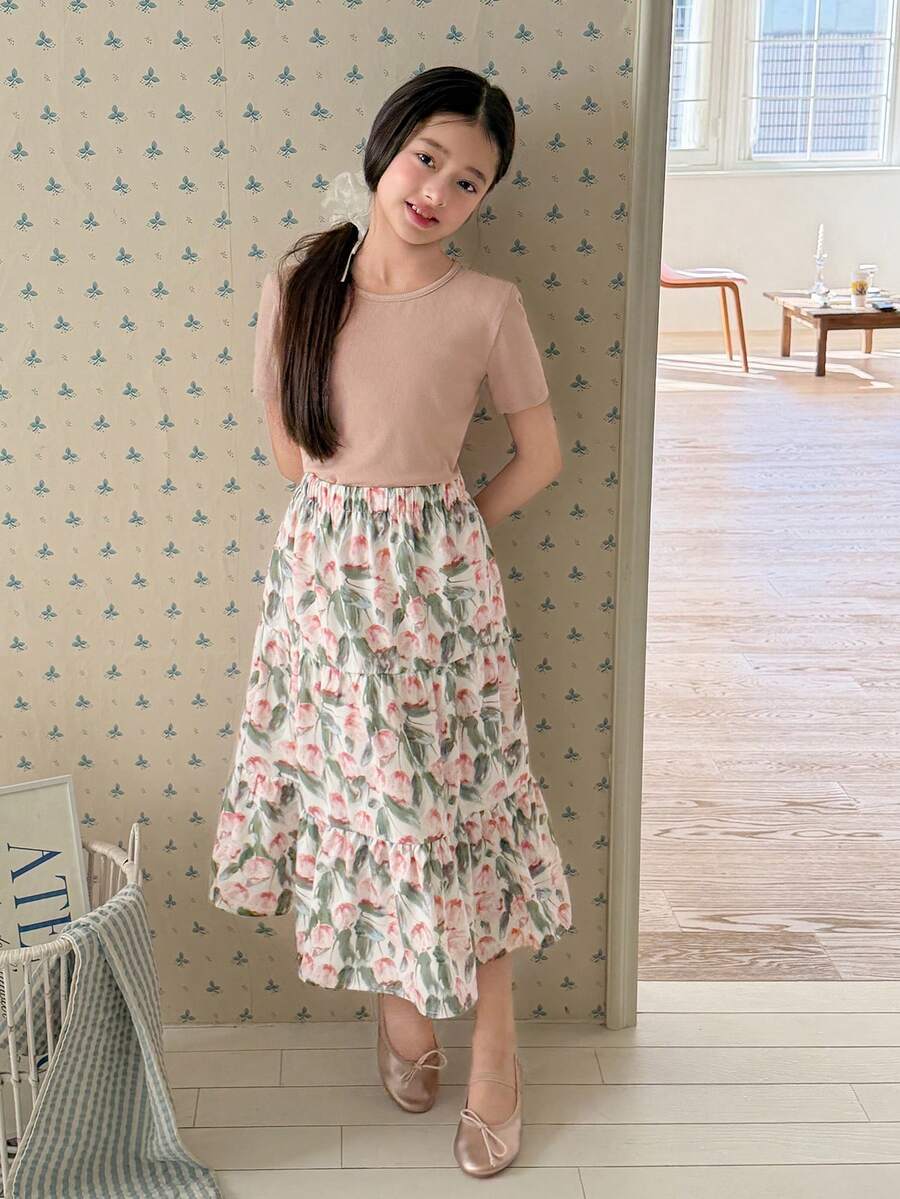 DAZY Bộ đồ mùa hè cho bé gái tuổi teen: Áo thun cổ tròn màu trơn và chân váy maxi cạp chun in họa tiết. - Màu Khaki - Xem 1