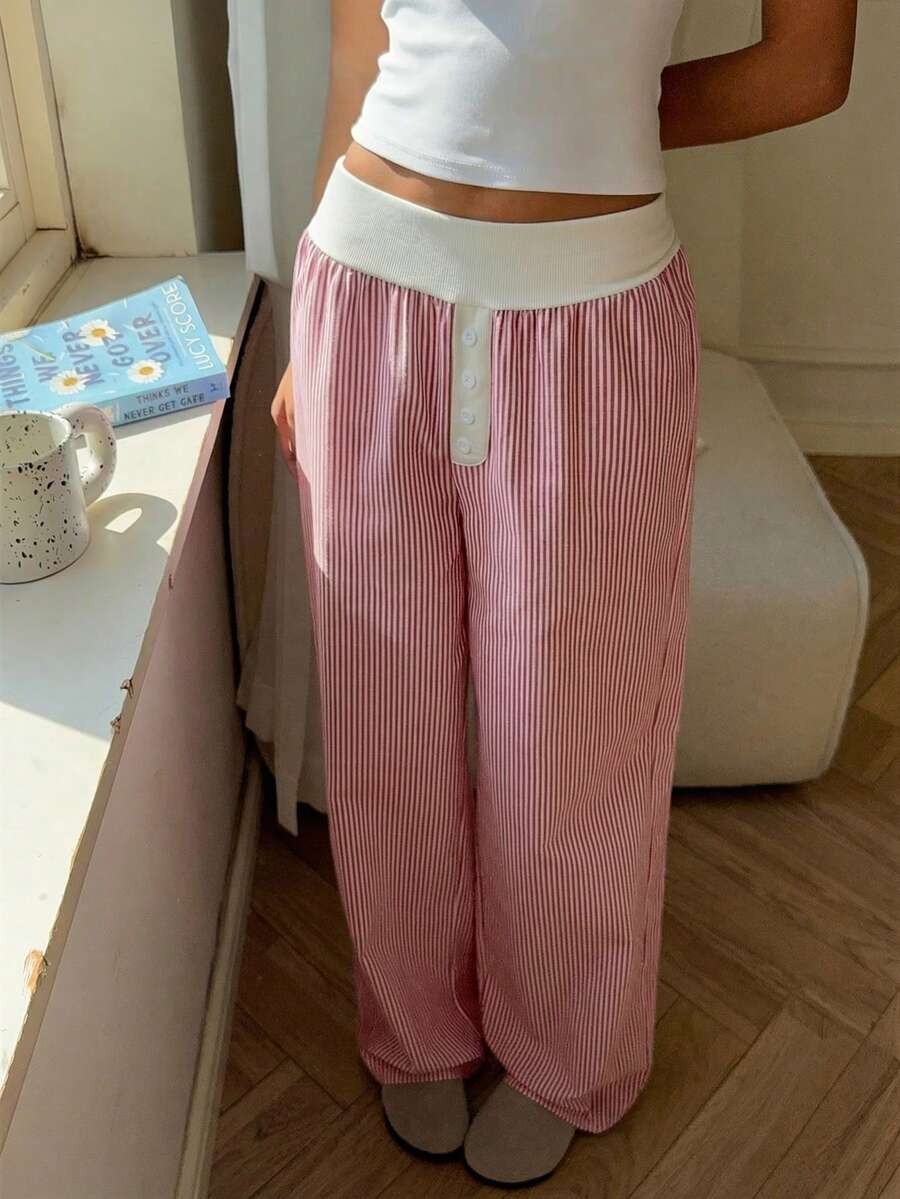 SHEIN EZwear 女士休闲红色条纹阔腿裤，春夏款 - 紅色 - 查看 1