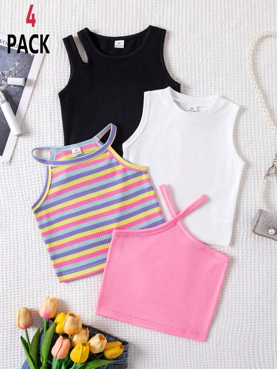 SHEIN Young Girls' Sleeveless Casual Ribbed Tank Top, Versatile For Daily Wear, Summer - Multicolor - View 1