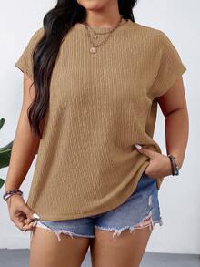 SHEIN LUNE 大码女式夏季休闲日常通勤简约百搭纯色纹理面料蝙蝠袖短袖上衣 - 卡其色 - 查看 6
