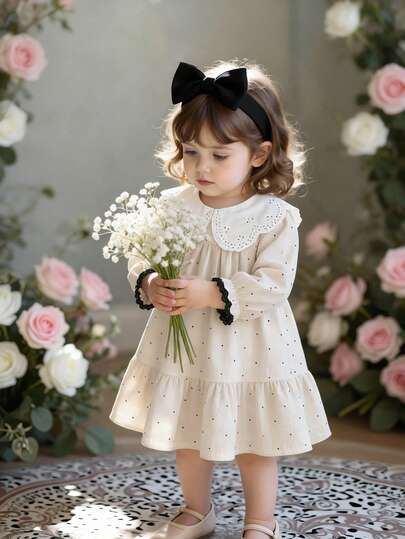 SHEIN Vintaside Kids Baby Girls' Polka Dot A-Line Dress With Ruffle Collar And Long Puff Sleeves, Comes With Mesh Headpiece. The A-Line Silhouette Is Classic And Flattering For Various Baby Body Types. The Puff Sleeves With Ruffle Trim Are Adorable, Perfect For Playtime Or Photo Shoots To Make Your Little Princess Shine. Also A Must-Have Fashionable Item For Moms.