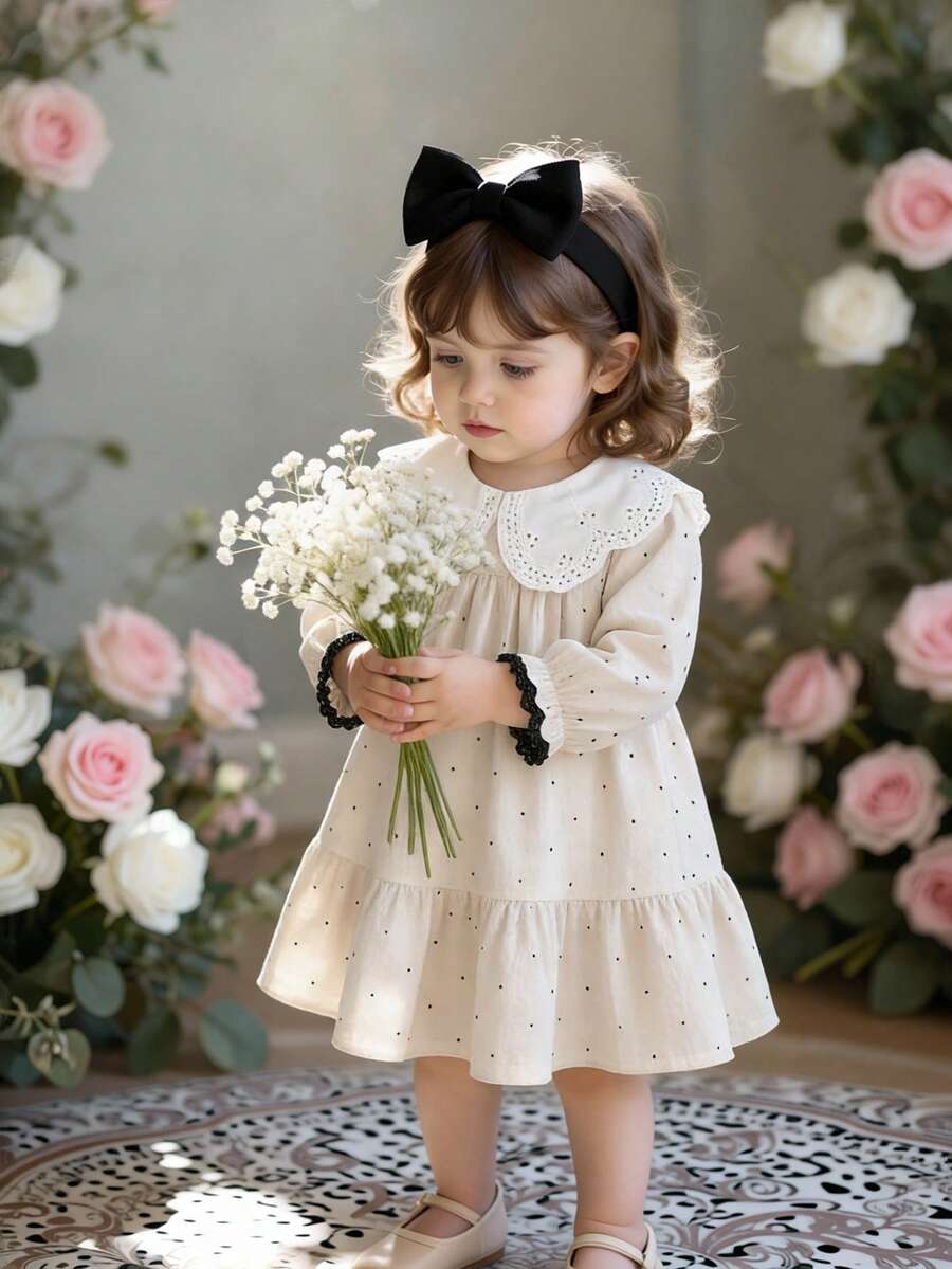 SHEIN Vintaside Kids 这款女婴波点A字连衣裙,配有荷叶边领和长泡泡袖,并附赠网纱头饰。A字廓形经典优雅,适合各种宝宝体型。荷叶边泡泡袖可爱迷人,无论是玩耍还是拍照,都能让您的小公主光彩照人。同时也是妈妈们必备的时尚单品。 - 杏色 - 查看 1