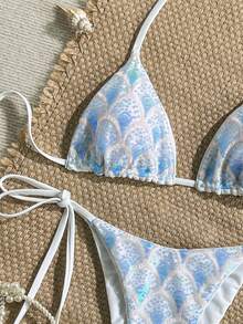 Swim Mod 两件式泳衣，性感挂脖三角胸罩和侧系带比基尼套装，夏季度假，闪光纹理面料 - 彩色 - 查看 3