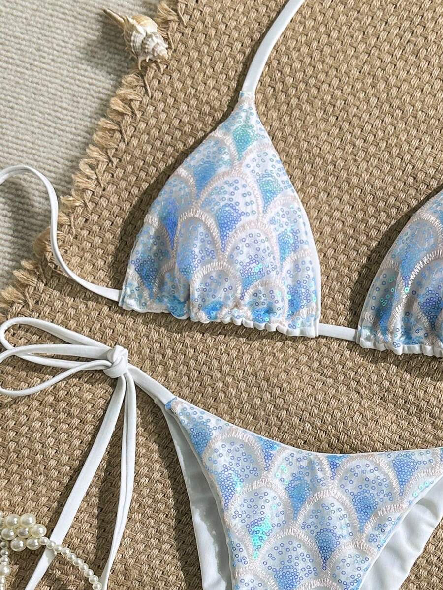 Swim Mod 两件式泳衣，性感挂脖三角胸罩和侧系带比基尼套装，夏季度假，闪光纹理面料 - 彩色 - 查看 1