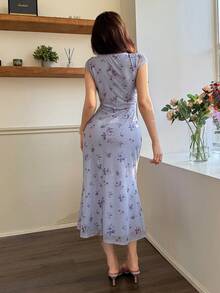 Feyla Đầm midi nữ kiểu dáng thường ngày, phối ren, in họa tiết toàn thân, tay loe. - Màu tím hoa cà - Xem 8