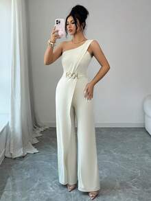 Elenzga Women's Solid Color Sleeveless Jumpsuit With Shoulder Design - Apricot - View 7