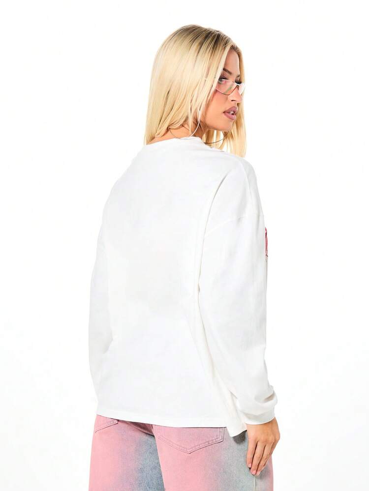 SUMWON Oversized Long Sleeve Graphic T-Shirt With Bra Print Design And Chain Neckline Detail For Casual Streetwear