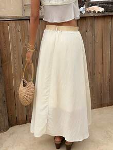 Sunnyshic Women's Apricot A-Line Elastic Waist Belt Skirt, Casual Beach Holiday Fashion All-Match Versatile Boho Style, Spring/Summer - Apricot - View 3