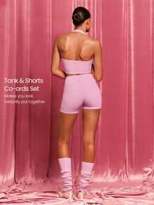 GLOWMODE 2 Pieces FeatherFit™-Sculpt Super Set Adjustable Halter Sports Tank Top & 4.3" Y-Shaped Butt Crossover Waist Active Shorts Set Medium Impact Workout Jogging Gym Training - Baby Pink - View 2