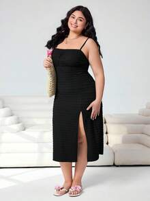 Solflare Vestido de tirantes con abertura en el bajo, unicolor minimalista, talla grande - Multicolor - Ver 4